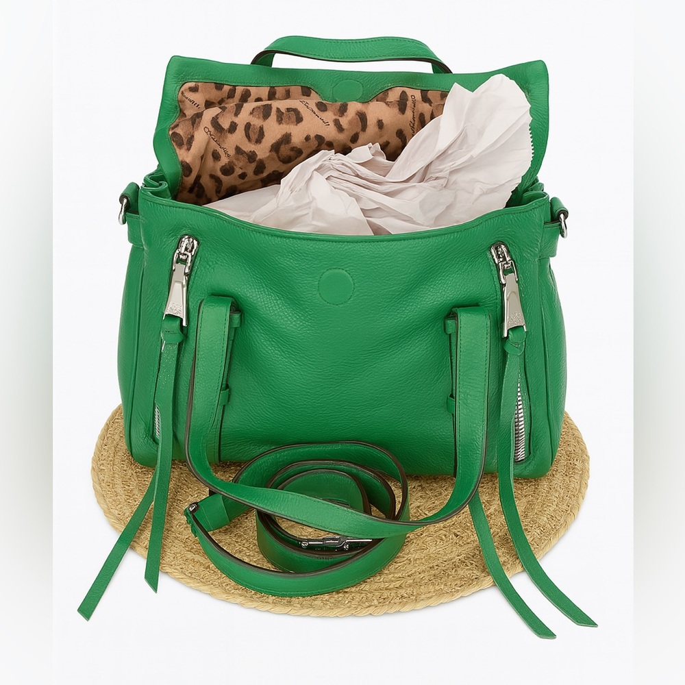 Aimee Kestenberg Green Pebbled LeatherSatchelBag Silver Hardware, Leopard Lining